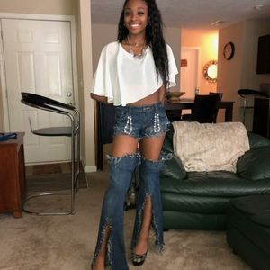 Unique costumized distressed jeans and jean jacket